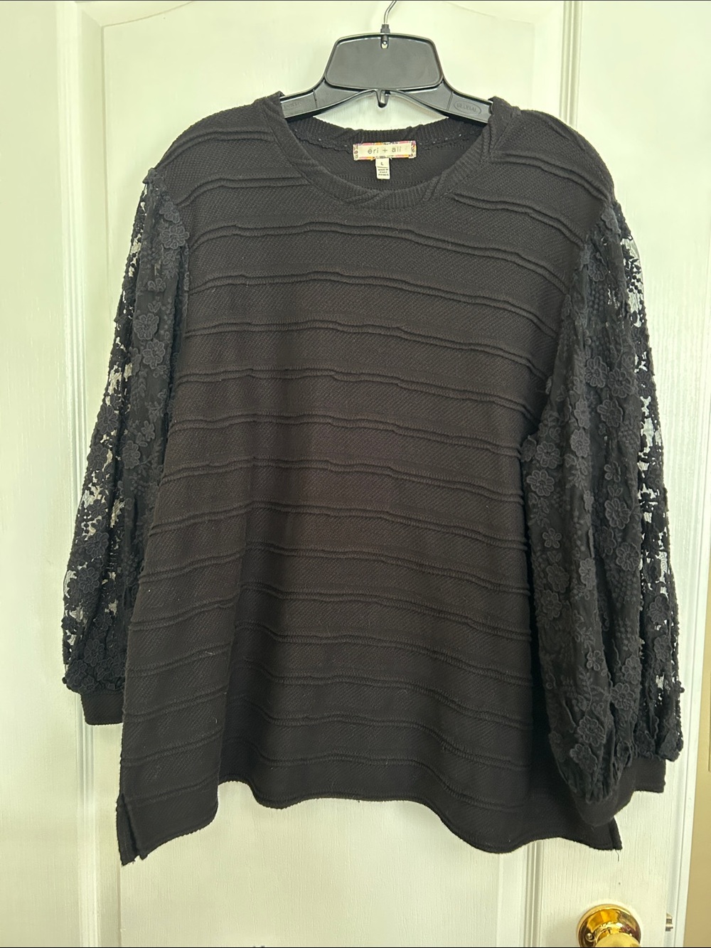 Anthropologie‎ eri + ali Black Ribbed Knit top w/ Floral Lace Balloon Sleeves